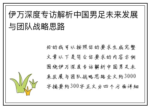 伊万深度专访解析中国男足未来发展与团队战略思路